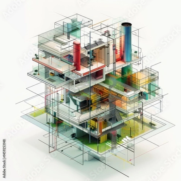 Fototapeta Abstract Isometric Illustration of a Multilevel Building Interior