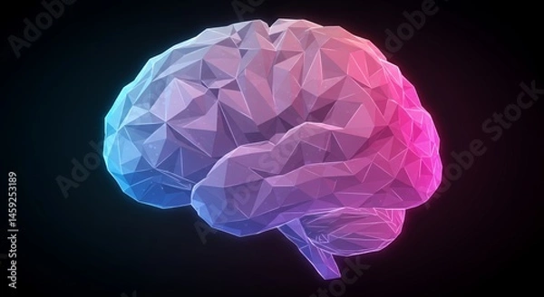 Fototapeta Abstract Low Poly Brain:  A Neon-Lit Representation of the Human Mind's Complexity