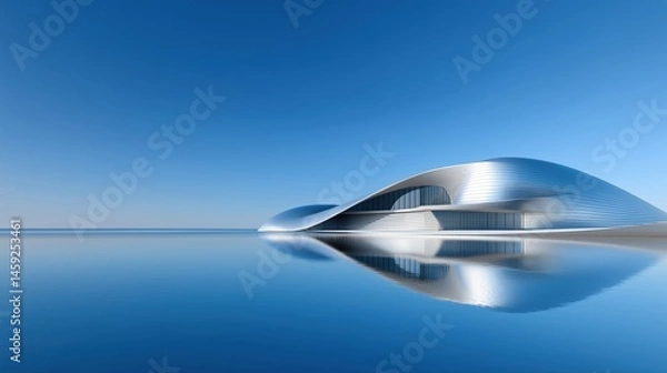 Fototapeta 3D rendered abstract futuristic building with modern architecture concept against blue sky, reflective calm water surface and shiny metallic shapes creating copy space for design presentations. Minima