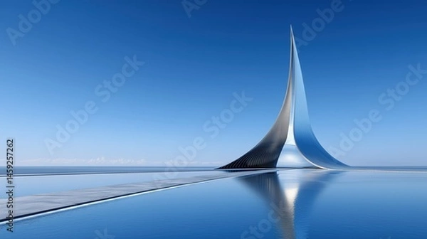 Fototapeta 3D rendered abstract futuristic building with modern architecture concept against blue sky, reflective calm water surface and shiny metallic shapes creating copy space for design presentations. Minima