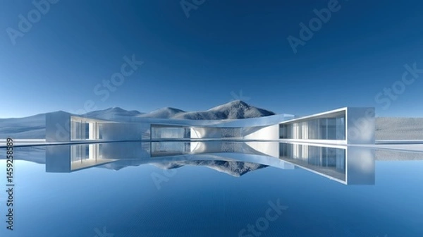 Fototapeta 3D rendered abstract futuristic building with modern architecture concept against blue sky, reflective calm water surface and shiny metallic shapes creating copy space for design presentations. Minima