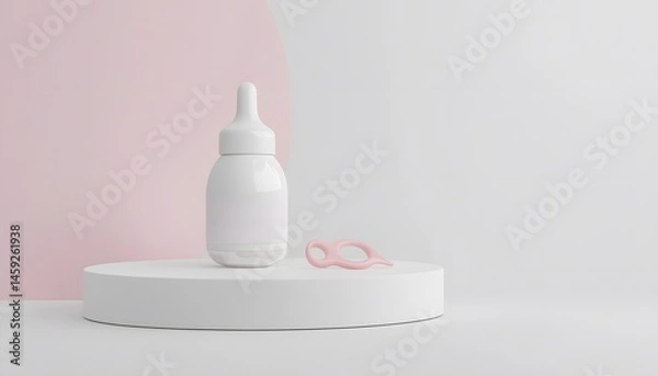 Fototapeta A minimalist presentation of a white feeding bottle and a pink pacifier.