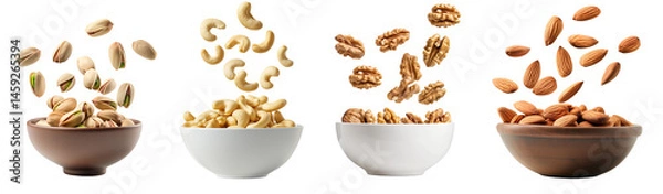 Obraz Cashew, pistachios, walnut and almond nuts falling in a bowl isolated on white and transparent background, cut out png
