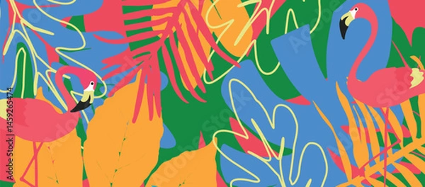 Fototapeta Tropical Flamingo Vector Pattern with Colorful Jungle Leaves, Summer Exotic Design