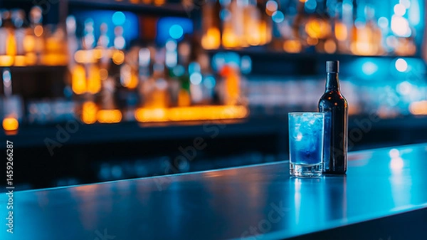 Fototapeta Blue Lagoon Cocktail on Bar Counter: A vibrant blue lagoon cocktail with ice sits on a sleek, modern bar counter, illuminated by a warm glow of lights from the surrounding bottles and shelves.