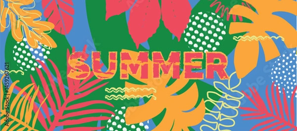 Fototapeta Tropical  Vector Pattern with Colorful Jungle Leaves, Summer Exotic Design