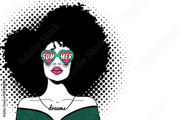 Fototapeta Wow pop art face. Sexy woman with black afro curly hair and open mouth and sunglasses in form of heart with inscription summer in reflection. Vector background in pop art retro comic dots style.