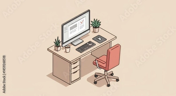 Fototapeta Modern Minimalist Workspace: Desk Setup with Computer, Plants, and Ergonomic Chair