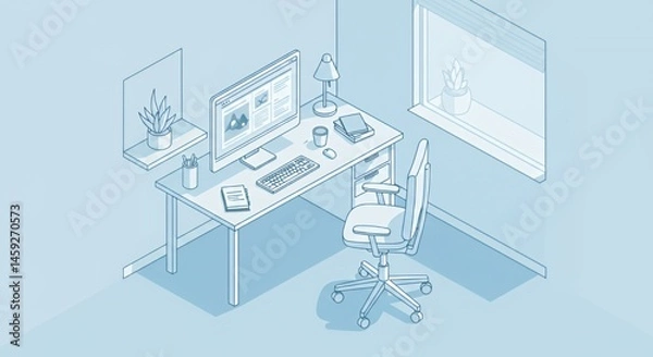 Fototapeta Serene Home Office Workspace: Minimalist Desk Setup with PC, Chair and Plants