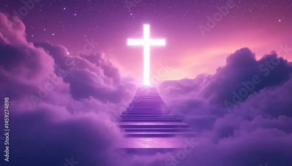 Obraz Cross, Stairs, and Clouds in a Night Sky