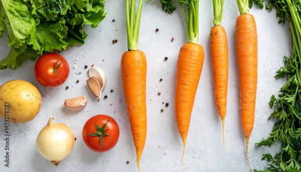 Fototapeta an assortment of fresh vegetables is arranged on a light gray surface. several orange root vegetables with green tops run vertically on the right side of the frame