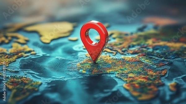 Fototapeta 3D red location pin on world map representing travel destination, global positioning, and international navigation concept for logistics or tourism theme