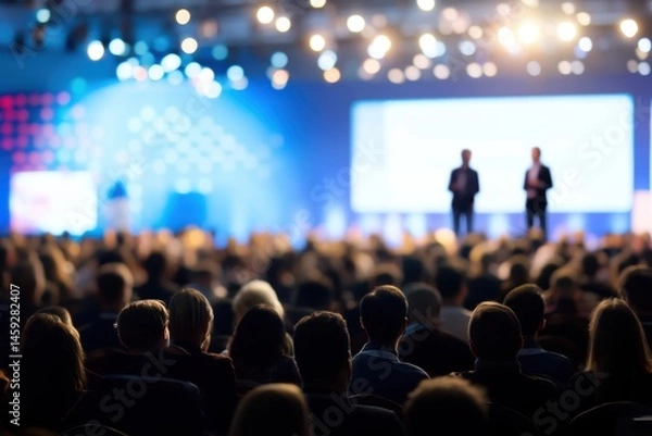 Obraz Engaged audience at professional business conference with speakers on stage, corporate event presentation in modern venue under bright lighting, academic corporate event atmosphere.