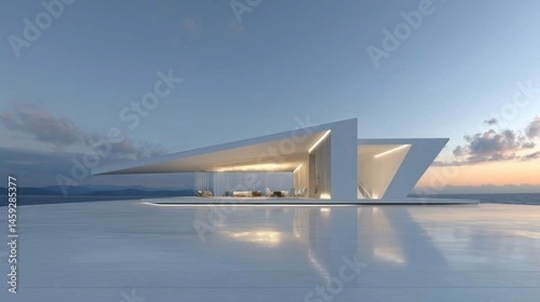 Obraz 3D rendered modern architecture building with expansive seaside windows, minimalist design concept for banners or presentations. Sleek geometric structure with glass facade reflecting ocean views, cle