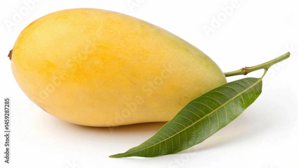 Fototapeta Vibrant yellow mango fruit with natural stem and leaves, clearly isolated on white for easy use