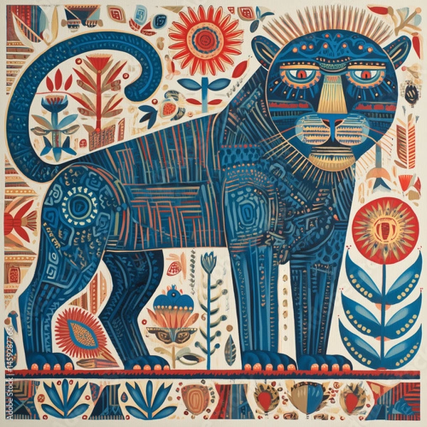Fototapeta Huichol style Jaguar painting featuring vibrant colors and intricate patterns