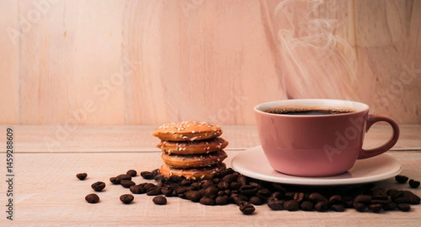 Fototapeta Hot coffee in pink cup with cookies on vintage wooden background. Concepts for morning breakfast, coffee business, coffee prices, coffee shops and drinking coffee. Generated image