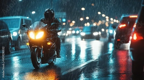 Fototapeta A motorcycle accident taking place on a rainy highway, with emergency lights illuminating the scene as vehicles stop to avoid further collisions