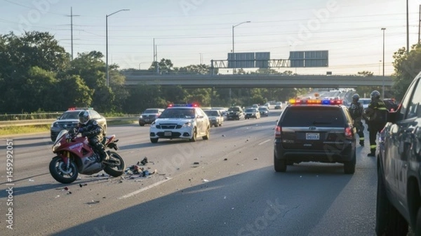 Fototapeta A wide-angle shot of a motorcycle accident on a busy highway, showing multiple cars slowed down due to the crash and police at the scene