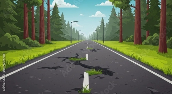 Fototapeta Broken Road Through a Lush Forest: A Journey's Path