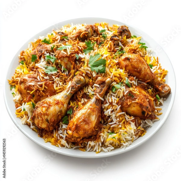 Fototapeta A plate of chicken 65 biryani, with chicken 65 pieces cooked with basmati rice and spices, isolated