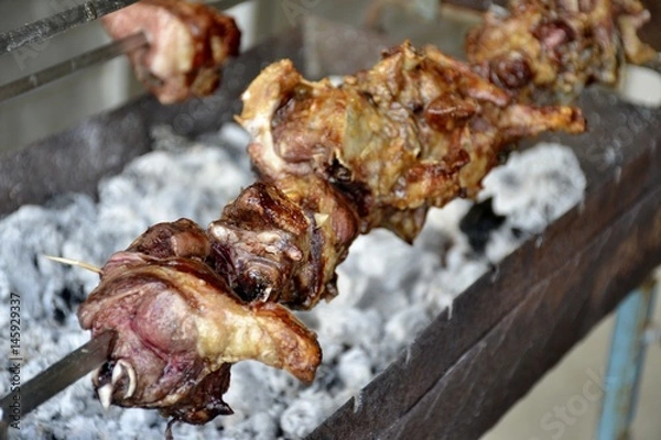 Fototapeta Szczegóły mięsa wieprzowego gotowane na grillu