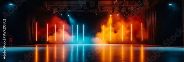Fototapeta A stage with lights and smoke is lit up. The lights are orange, blue, and red