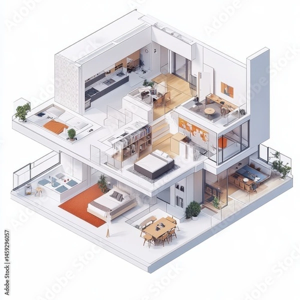 Fototapeta Modern Two Story House Isometric Illustration with Open Floor Plan