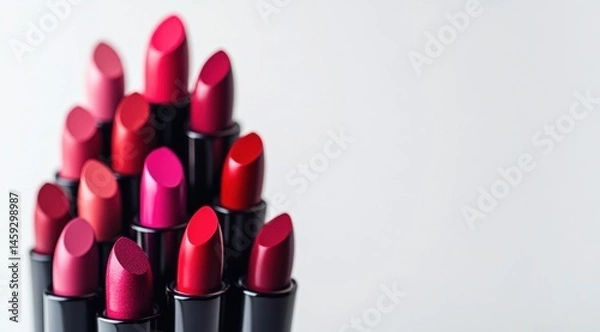 Obraz A stack of lipsticks in various shades of pink and red, isolated on a white background