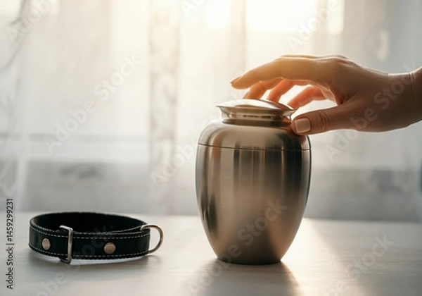 Fototapeta Hand touching pet cremation urn with dog collar on table by window light