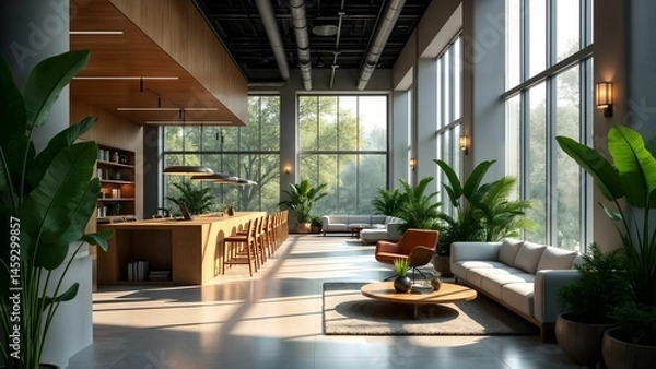 Fototapeta Exquisitely designed ultramodern open-plan office with sustainable eco-friendly elements and indoor vegetation that harmonize futuristic aesthetics with ambient illumination