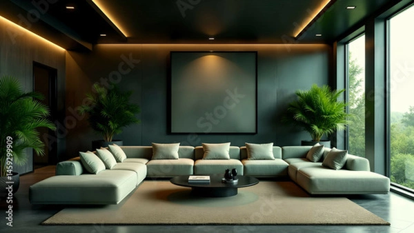 Fototapeta Futuristic Chromium Living Room Featuring Deep Green and Black Hues with Lush Modern Plant Integration and Ambient Lighting