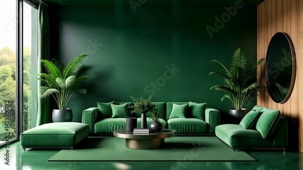 Fototapeta Avant-Garde Interior Living Space with Metallic Chromium, Rich Deep-Green and Black Palette, Enhanced by Vibrant Botanical Elements