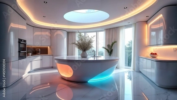 Fototapeta Futuristic Elegant Kitchen with Ethereal Organic Architecture, Integrated Smart Technology, and Vibrant Holographic Accents Merging Advanced Digital Interfaces with Classic Luxury