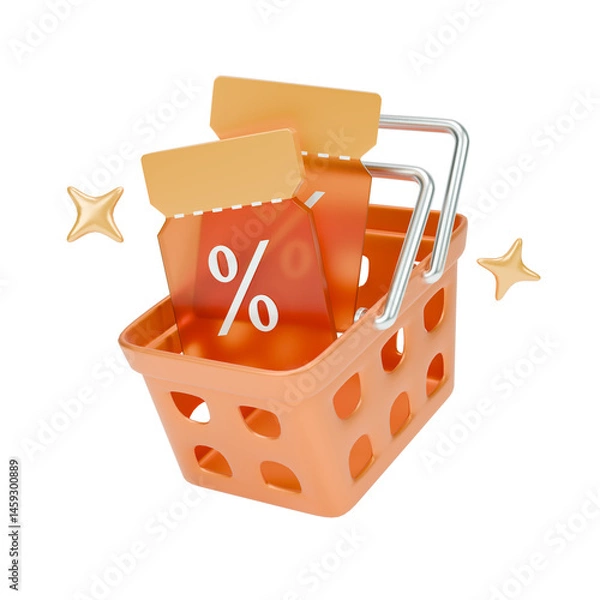 Obraz Shopping basket 3d icon with coupons.