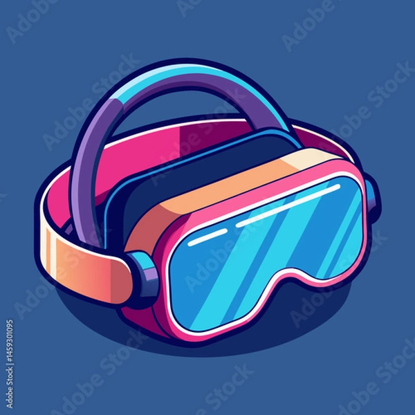 Obraz Virtual reality headset placed on a table, accompanied by glasses and headphones, ready for immersive experiences.