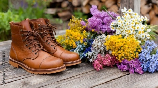 Fototapeta Leather boots are filled with an array of bright wildflowers, showcasing vibrant colors against a rustic backdrop, inviting a sense of warmth and nature