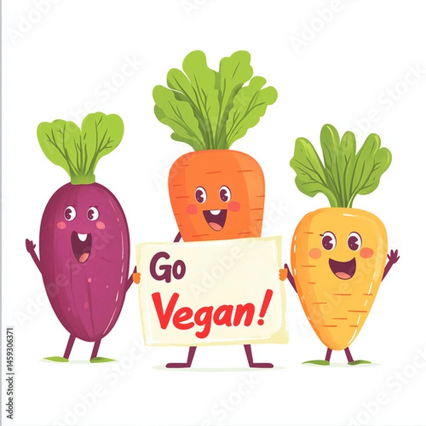 Fototapeta Cute cartoon beetroot, carrot, and yellow radish smile while holding a "Go Vegan!" sign, spreading joy and a positive plant-based lifestyle message