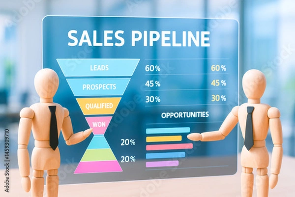 Fototapeta Screen shows business concepts with sales pipeline funnel and opportunities chart in modern office environment for teamwork and planning