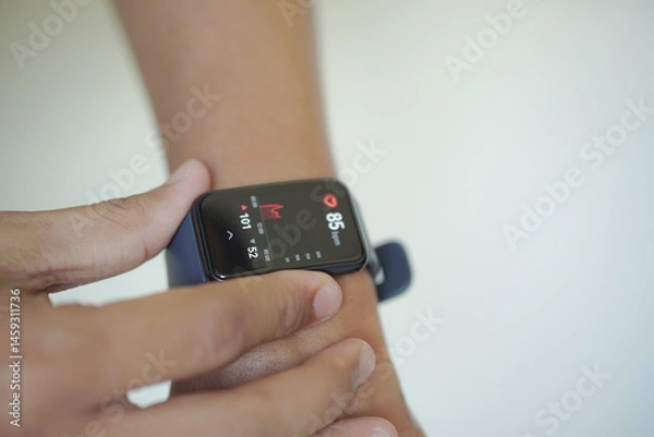 Fototapeta Close up of hand touching smartwatch with heart rate checking app on the screen.