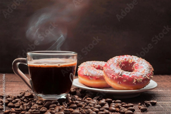 Fototapeta Hot Americano coffee with doughnuts on vintage wooden background. Concepts for morning breakfast, coffee business, coffee prices, coffee shops and drinking coffee. Generated image