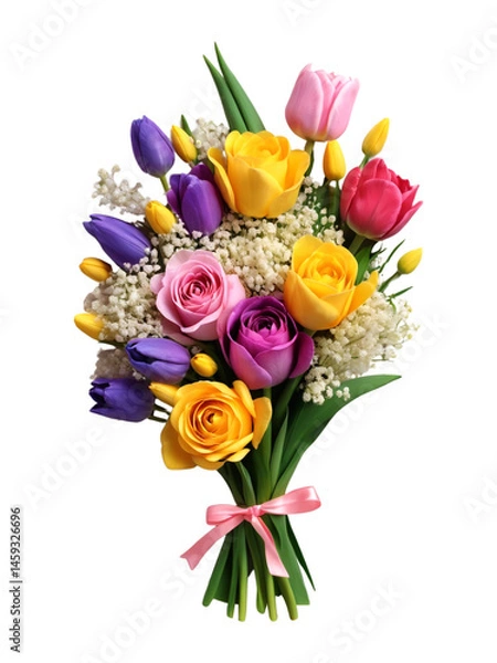 Obraz Spring Flower Bouquet with Roses, Tulips & Freesias on Transparent Background, High Detail Macro Floral Arrangement