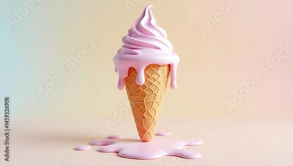 Fototapeta Ice cream cone with melting texture, 3D pastel color
