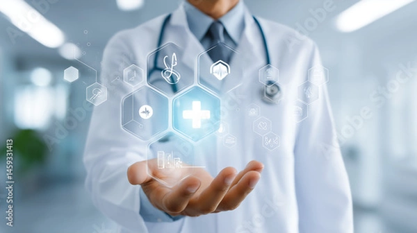 Obraz Male doctor in a white coat and stethoscope, standing in a modern hospital