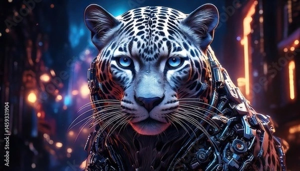 Obraz A cybernetic leopard with glowing blue eyes stands in a neon-lit futuristic city at night.