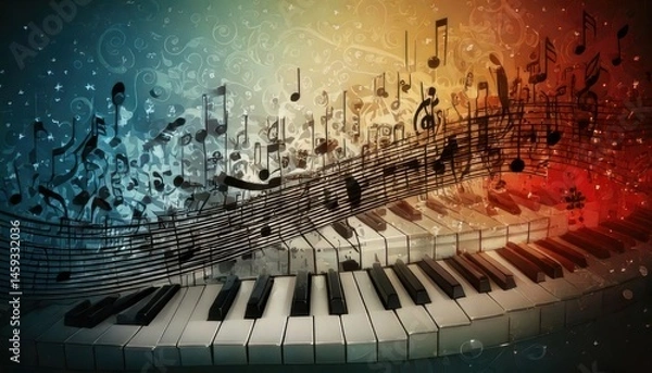 Obraz A colorful piano with swirling musical notes and vibrant gradients, symbolizing creativity and the joy of music.