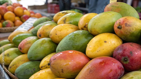 Fototapeta Close-up of a bountiful selection of colorful mangoes on display at a market or stand.