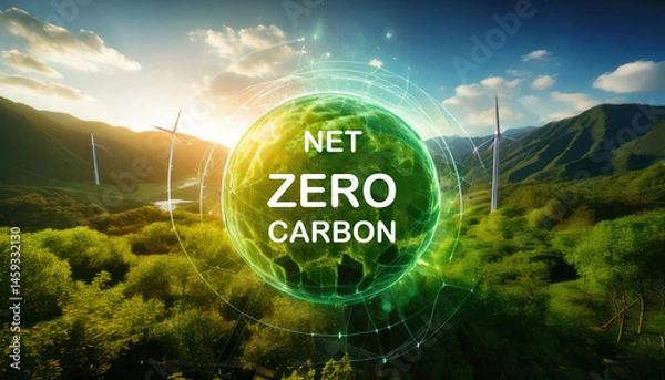 Obraz A glowing green earth with futuristic digital elements overlays a lush mountain landscape with wind turbines and sunlight.