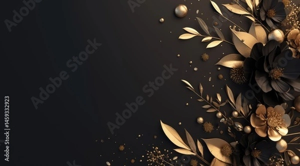 Obraz 3D Luxury Style Wallpaper with Gold Flowers and Leaves Frame on Black Background and Copy Space for Text