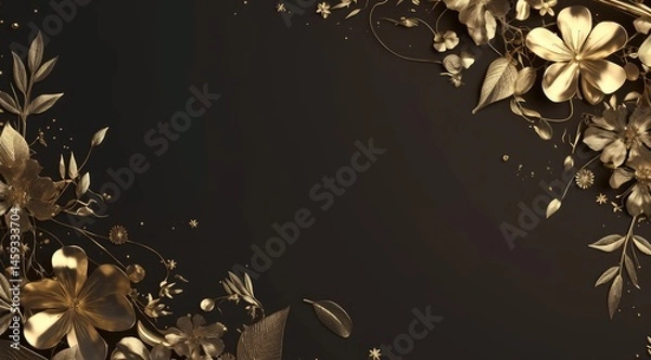 Obraz 3D Luxury Style Wallpaper with Gold Flowers and Leaves Frame on Black Background and Copy Space for Text